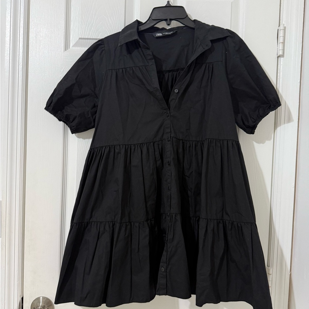 Zara Black Button-Up Poplin Mini Dress